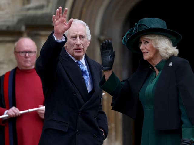 King Charles III and Queen Camilla arrive for the Easter Mattins Service at St George's Chapel at Windsor Castle in Berkshire