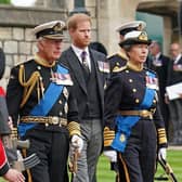 King Charles III, Prince Harry, Duke of Sussex and Princess Anne, Princess Royal arrive at the Committal Service held at St George's Chapel in Windsor Castle on September 19, 2022 in Windso