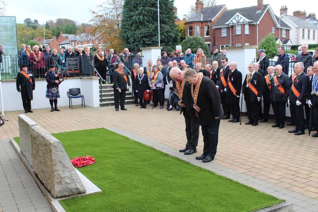 Grand Master Most Wor. Bro Edward Stevenson laid a wreath on behalf of the Grand Orange Lodge of Ireland in the memorial garden at Schomberg House. He is accompanied by Deputy Grand Master Wor. Bro. Harold Henning.