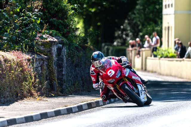 David Johnson on his way third place in the Superstock race at the Isle of Man TT in 2019 on the Honda Racing Fireblade.