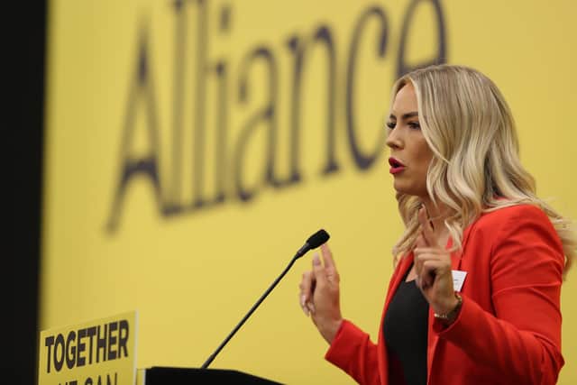 PressEye - Belfast - Northern Ireland - 5th March 2022

The Alliance Party conference takes place in the Crowne Plaza Hotel. 

Cllr. Patricia O'Lynn, North Antrim candidate, addresses the conference.

Picture by Philip Magowan / PressEye