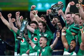 Ireland's Jonathan Sexton celebrates with team mates. Ireland are the Grand Slam champions