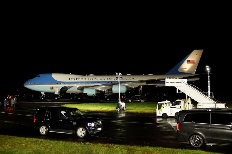 US President Joe Biden arrives on Air Force One at RAF Aldergrove airbase in County Antrim, for his visit to the island of Ireland. Picture date: Tuesday April 11, 2023.