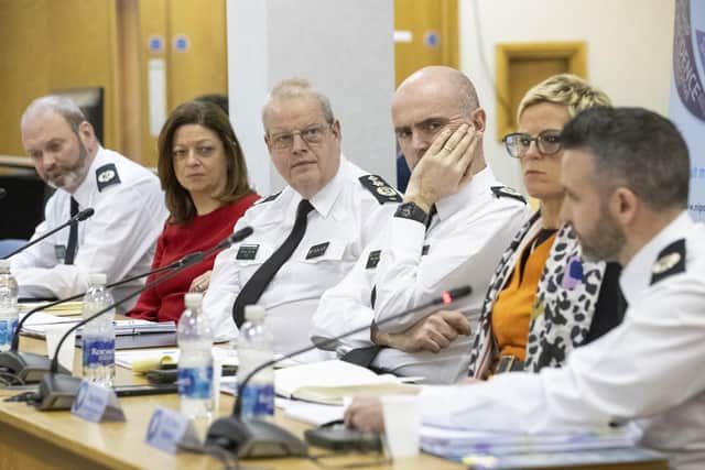Assistant Chief Constable Mark McEwan, Chief Operating Officer Pamela McCreedy, Police Service of Northern Ireland (PSNI) Chief Constable Simon Byrne, Deputy Chief Constable Mark Hamilton, Assistant Chief Officer Clare Duffield listen to Assistant Chief Constable Bobby Singleton speaking during the Northern Ireland Policing Board meeting at Clarendon Road in Belfast.