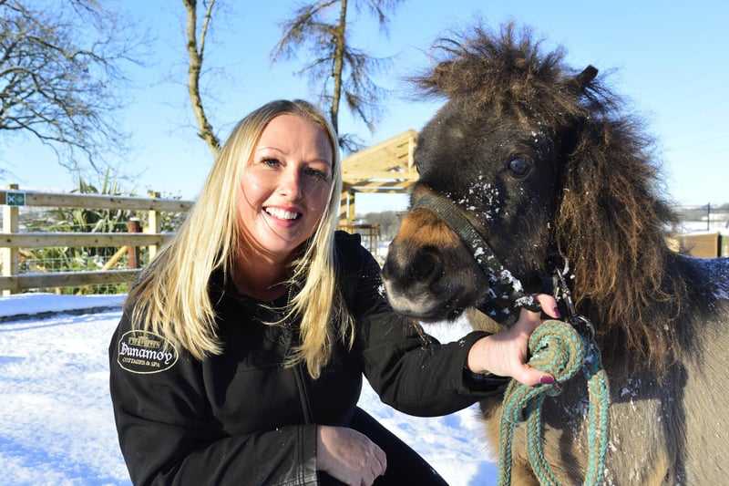 Stacey Hamill and Rambo the Mini Shetland pony pictured outside Ballyclare this morning after heavy overnight snow and ice.