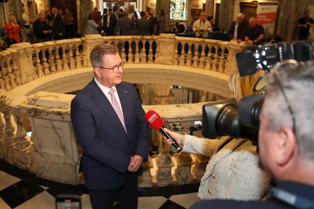 Sir Jeffrey Donaldson speaks to the media in City Hall at the count on Saturday May 20.  Today he tells DUP members: "Northern Ireland will struggle to move forward if republicans have so little respect for their unionist neighbours that they can’t see the problem with the current Protocol arrangements". Photograph by Declan Roughan / Press Eye:-