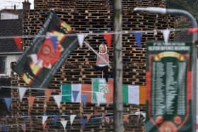 A effigy of Sinn Fein Vice President Michelle O'Neill on the Eastvale Avenue bonfire in Dungannon, on the Eleventh night to usher in the Twelfth commemorations