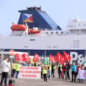 Former P&O workers protest with union colleagues at the Port of Larne. The ferry company laid off 800 workers across the UK in 2022.