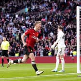 Manchester United's Rasmus Hojlund celebrates after scoring the winning penalty of the shoot-out during the Emirates FA Cup semi-final match at Wembley Stadium, London. (Photo by Nick Potts/PA Wire).