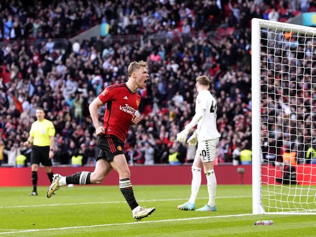 Manchester United's Rasmus Hojlund celebrates after scoring the winning penalty of the shoot-out during the Emirates FA Cup semi-final match at Wembley Stadium, London. (Photo by Nick Potts/PA Wire).