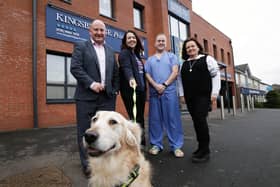 Rosie’s Trust has announced that Lisa McGee, the creator of Derry Girls, has been appointed as an ambassador for the charity. In addition to this, it has also received a substantial financial donation from the Kingsbridge Healthcare Group.
 Pictured with Molly the dog at the announcement are Mark Regan, Chief Executive of Kingsbridge Healthcare Group, Lisa McGee, Dr Martin Shields, Chair of Kingsbridge Foundation and Medical Director at Kingsbridge Healthcare Group and Aileen Martin, Chairperson of Rosie’s Trust.