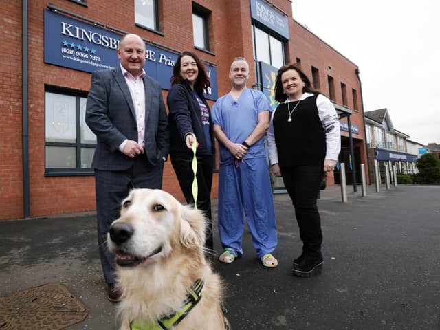 Rosie’s Trust has announced that Lisa McGee, the creator of Derry Girls, has been appointed as an ambassador for the charity. In addition to this, it has also received a substantial financial donation from the Kingsbridge Healthcare Group.
 Pictured with Molly the dog at the announcement are Mark Regan, Chief Executive of Kingsbridge Healthcare Group, Lisa McGee, Dr Martin Shields, Chair of Kingsbridge Foundation and Medical Director at Kingsbridge Healthcare Group and Aileen Martin, Chairperson of Rosie’s Trust.