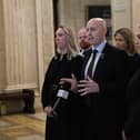 UUP Leader Jon Burrows speaking to the media in the Great Hall at Parliament Buildings, Stormont. Photo: Mark Marlow/PA Wire