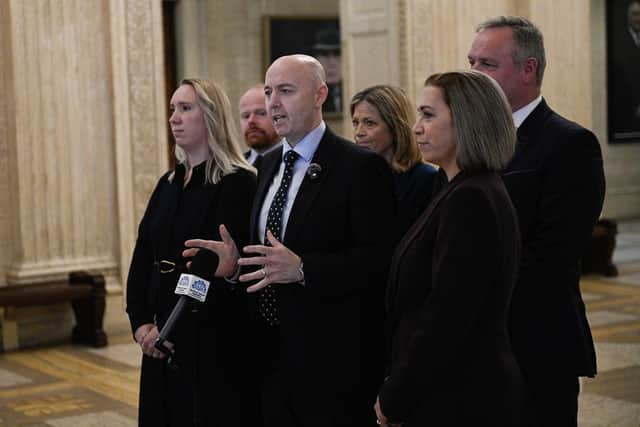 UUP Leader Jon Burrows speaking to the media in the Great Hall at Parliament Buildings, Stormont. Photo: Mark Marlow/PA Wire