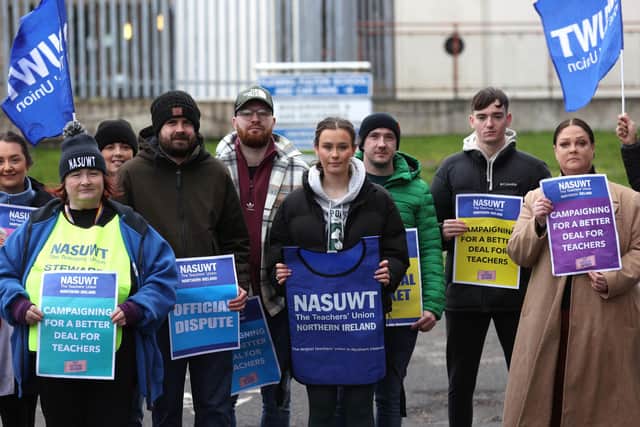 File photo dated 21/02/2023 of teachers on the picket line outside Oakwood School & Assessment Centre in Belfast. Teaching unions in Northern Ireland have announced their members will hold strike action on five days in a long-running dispute over pay.