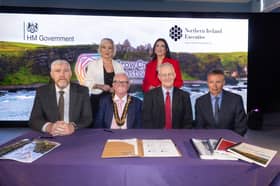 Minister for Finance, John O'Dowd MLA, Mayor of Causeway Coast and Glens, Councillor Oliver McMullan, Secretary of State for Northern Ireland, Rt Hon Hilary Benn MP, Chief Executive of Causeway Coast and Glens, David Jackson, First Minister Michelle O'Neill MLA and Deputy First Minister, Emma Little-Pengelly MLA. CREDIT CCGBC