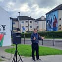 Shaun Harkin at a BDS rally at Free Derry Corner in July 2023