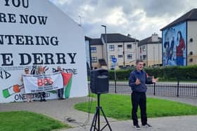 Shaun Harkin at a BDS rally at Free Derry Corner in July 2023