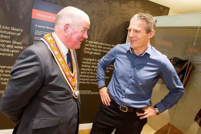 Jarlath Burns, principal of St Paul's High School, Bessbrook, speaks to Edward Stevenson, Grand Master of the Grand Orange Lodge of Ireland, at the opening of the new Musuem of Orange Heritage, Sloan's House, Loughgall in 2015.