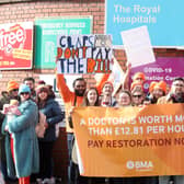 Junior doctors at a picket line at the Royal Victoria Hospital in Belfast back in March when they staged a 24-hour strike over pay. A fresh 48-hour walkout starts at 7am next Wednesday, with a second 48-hour strike scheduled for June 6-8.  Photo by Jonathan Porter/Press Eye