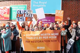 Junior doctors at a picket line at the Royal Victoria Hospital in Belfast back in March when they staged a 24-hour strike over pay. A fresh 48-hour walkout starts at 7am next Wednesday, with a second 48-hour strike scheduled for June 6-8.  Photo by Jonathan Porter/Press Eye