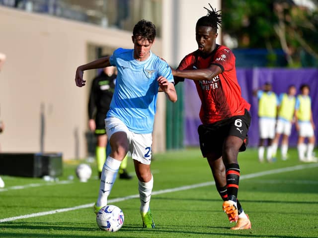 Clinton Nsiala (right) in action for AC Milan U19s