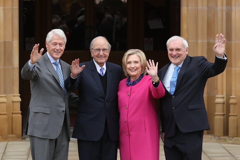 (left to right) Former US president Bill Clinton, 	
Senator George Mitchell, Hillary Clinton and former taoiseach Bertie Ahern, attending the three-day international conference at Queen's University Belfast to mark the 25th anniversary of the Belfast/Good Friday Agreement