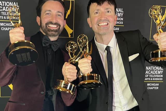Jack and Raymond Walsh of The Shamrock Tenors receiving their Emmy Awards in Detroit