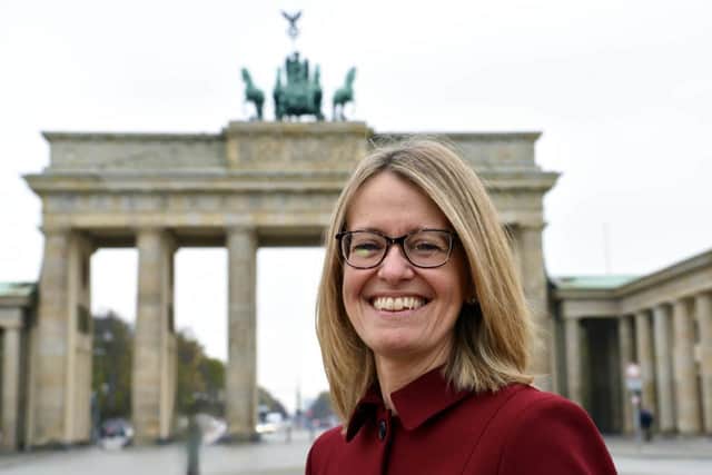 Jill Gallard, the UK’s ambassador to Germany, at the Brandenburg Gate in Berlin