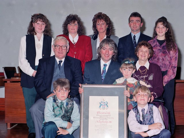 PACEMAKER PRESS ARCHIVE: May Dunlop, the mother of Joey Dunlop, pictured with his family in September 1993 when he was awarded the Freedom of the Borough of Ballymoney.
PICTURE BY CLIFFORD MCLEAN:-