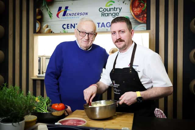 Chef Pierre Koffmann is pictured with business development chef at Henderson Foodservice, Geoff Baird after announcing his exclusive island of Ireland supply partnership with Henderson Foodservice at IFEX today (Tuesday)
