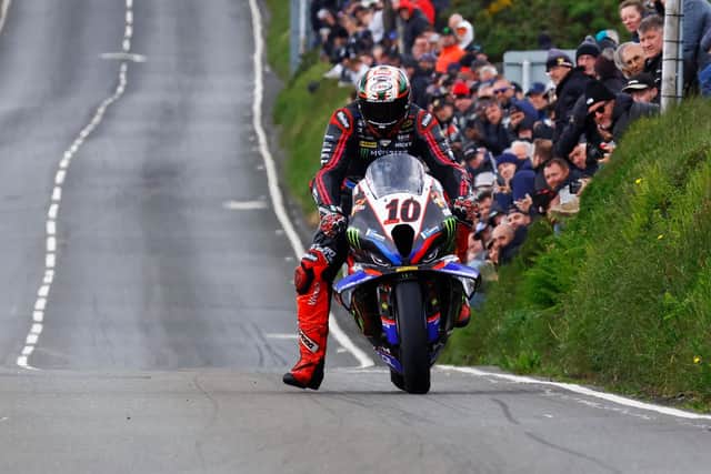 Peter Hickman at Creg-ny-Baa on the 8TEN Racing BMW in Sunday's RST Superbike race at the Isle of Man TT. (Photo by Rod Neill/Pacemaker Press)