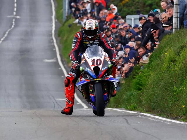 Peter Hickman at Creg-ny-Baa on the 8TEN Racing BMW in Sunday's RST Superbike race at the Isle of Man TT. (Photo by Rod Neill/Pacemaker Press)