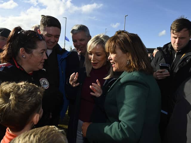 First Minister Michelle O'Neill and Sinn Fein President Mary Lou McDonald meet with locals on the Garvaghy Road.