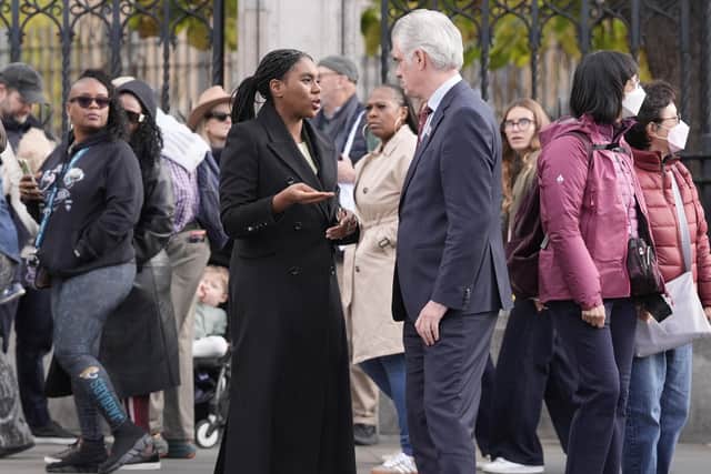 Conservative Party leader Kemi Badenoch talks with shadow defence secretary James Cartlidge ahead of meeting Armed Forces veterans in Westminster. Photo: Stefan Rousseau/the Press Association