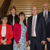 (left to right) Dr Maria O'Kane, Chief Executive of the Southern Health and Social Care Trust; Bernie Owens, Deputy Chief Executive of the Belfast Health and Social Care Trust; Roisin Coulter, Chief Executive of the South Eastern Health and Social Care Trust; Neil Guckian, Chief Executive of the Western Health and Social Care Trust; Michael Bloomfield, Chief Executive of the Northern Ireland Ambulance Service Trust; and Jennifer Welsh, Chief Executive of the Northern Health and Social Care Trust, at Parliament Buildings before meeting of the Northern Ireland Health Committee