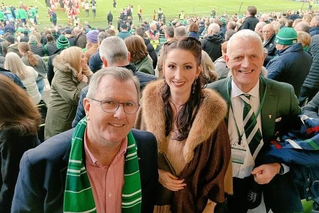 Sir Jeffrey Donaldson and Emma Little Pengelly celebrate Ireland&#8217;s rugby win in Dublin