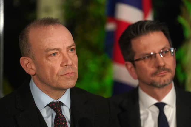 Northern Ireland Secretary Chris Heaton-Harris (left) and Northern Ireland Minister Steve Baker at a press conference at Farmleigh House in Dublin after the British Irish Intergovernmental Conference