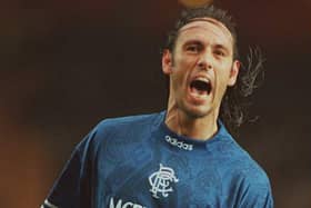Mark Hateley celebrates scoring for Rangers in the 1990s. (Photo by Chris Cole/Allsport)