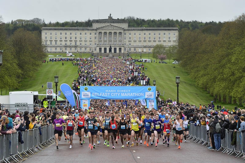 Pacemaker Press Belfast 30-04-2023: The Belfast City Marathon started from the Stormont Estate on Sunday morning.
Thousands of runners are taking part in the Belfast City Marathon. The 26.2 mile-long (42.1 km) race started at the Stormont Estate in the east of the city.
The route takes runners across Belfast, past landmarks including City Hall and Parliament Buildings, before finishing in Ormeau Park. 
Picture By: Arthur Allison/ Pacemaker Press.