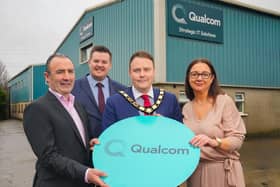 Newtownabbey’s Qualcom has announced an unprecedented 10% year-on-year revenue increase for 2022/23, along with the creation of eight jobs in Northern Ireland and 25 in the Republic of Ireland. Pictured are Ken Ryan, managing director at Qualcom Steven Norris, deputy director of regeneration and infrastructure at Antrim and Newtownabbey Borough Council, councillor Mark Cooper BEM, Mayor of Antrim and Newtownabbey Borough Council and Leeann Saunders, managing director NI at Qualcom