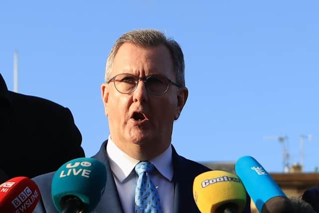 DUP leader Sir Jeffrey Donaldson has been meeting party members ahead of a crunch gathering on Monday night over Government proposals aimed at ending Stormont’s powersharing impasse. Photo: Liam McBurney/PA Wire
