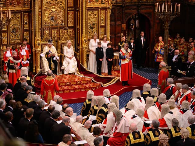 King Charles delivers a speech, setting out the government’s plan, beside Queen Camilla at yesterday’s State Opening of Parliament in the House of Lords. Photo: Leon Neal/PA Wire