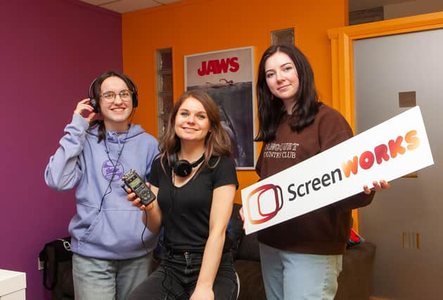 Sound Effects Editor Chloe Dalzell is encouraging more young women and girls to take up roles in Northern Ireland’s growing screen industry. She gave a workshop recently on Sound Design for Into Film’s ScreenWorks programme and is pictured here (centre) with student Amelia Birt and Jodie Vance from the ScreenWorks team.