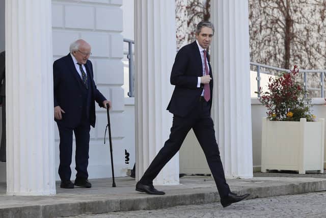 New Fine Gael leader Simon Harris leaving Aras an Uachtarain on Tuesday after meeting the President of Ireland Michael D Higgins