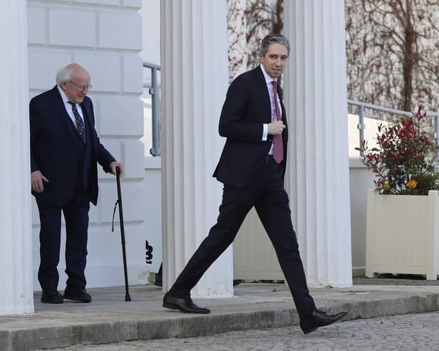 New Fine Gael leader Simon Harris leaving Aras an Uachtarain on Tuesday after meeting the President of Ireland Michael D Higgins