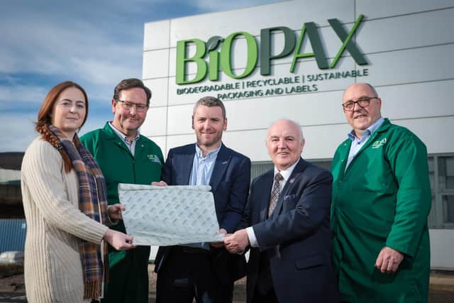 Biopax Ltd, the fast-growing sustainable packaging and labels company headquartered in west Belfast, is gearing up for its latest groundbreaking investment. Pictured are Niamh Flannery, prepress studio lead, Biopax, Alister Farmer, senior technical manager, Biopax, Liam O’Connor, sales and marketing director, Biopax, Dr Terry Cross OBE, chairman, Biopax and Greg Prescott, general manager, Biopax