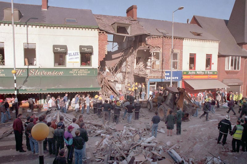 PACEMAKER BELFAST    Archive  Flashback to 1993
IRA bomb in Frizell's Fish shop killed 9 innocent people and one bomber.
Picture shows a scene of devastation across the Shankill Road on a busy Saturday afternoon