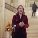Irish Foreign Affairs minister Helen McEntee speaking to the media at Parliament Buildings, Stormont in Belfast today