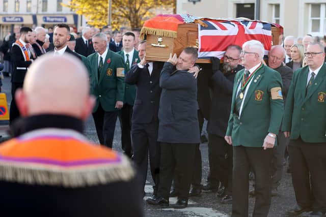 Funeral for DUP MLA David Hilditch at Carrickfergus, Co. Antrim.  Mr Hildtich was a former MLA, twice-serving Mayor of Carrickfergus Borough Council and Director of Carrick Rangers Football Club. Picture by Jonathan Porter/PressEye